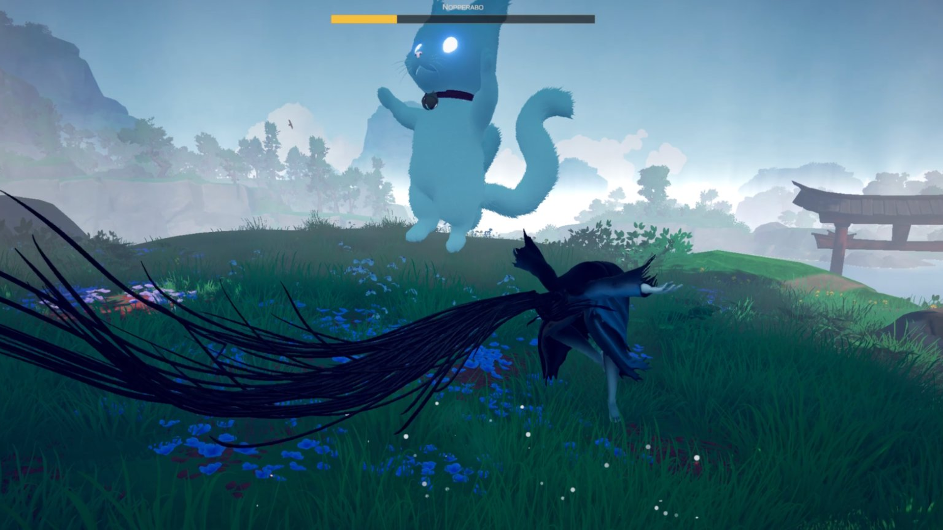 Yoru fighting the Nopperabo near a Tori Gate