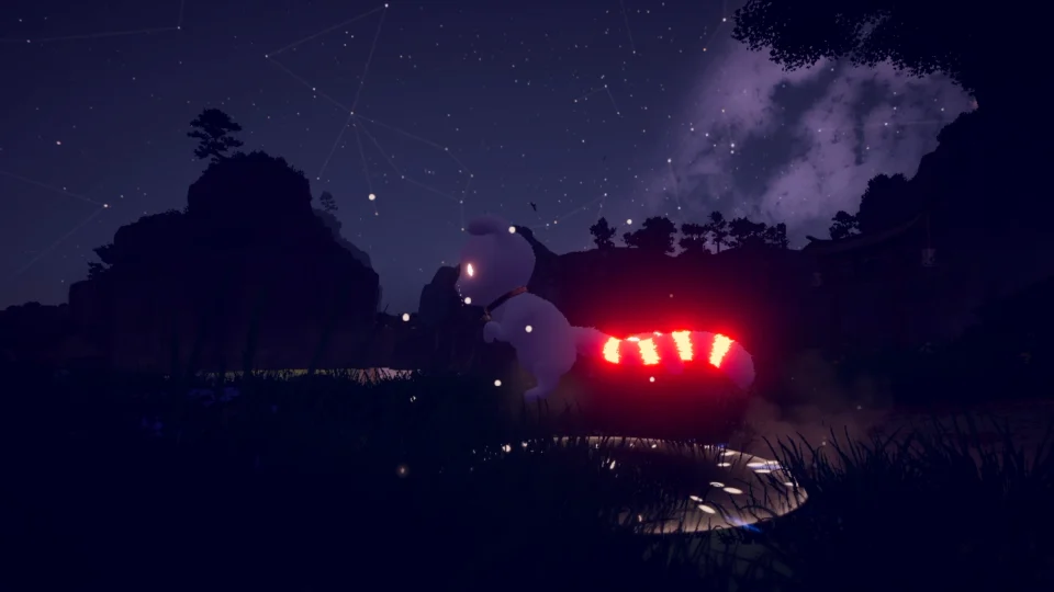 Yoru at night with red rings on her tail
