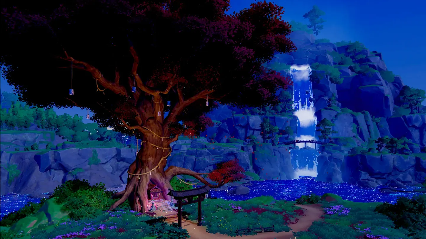 The ancient tree at night, lit by spirit lanterns