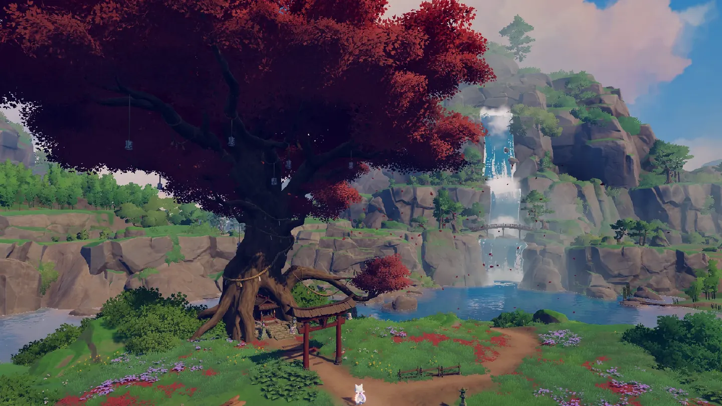 The ancient tree in daylight beside a waterfall