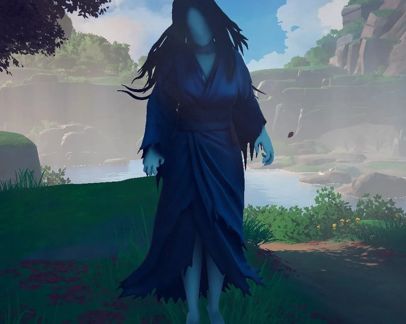 The Noppera-bo, a faceless woman in a dark kimono by the river